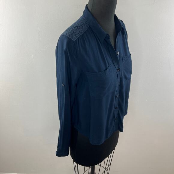 SUPERDRY Japan Navy Blue Button Down Lace Back Top Blouse Shirt XS - Picture 3 of 8